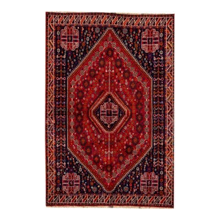 Vintage Persian Shiraz Handmade Red Medallion Wool Rug For Sale