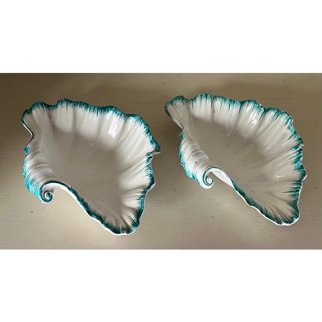 Pair antique 18th century Wedgwood creamware green feather edge sea shell dishes in the Rococo taste. Each dish marked on...