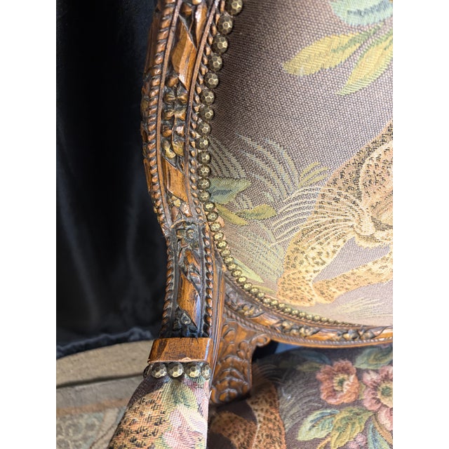 Late 20th Century Ornate French Transitional Style Carved Ram's Head Armchair in Leopard Tapestry For Sale In Phoenix - Image 6 of 13