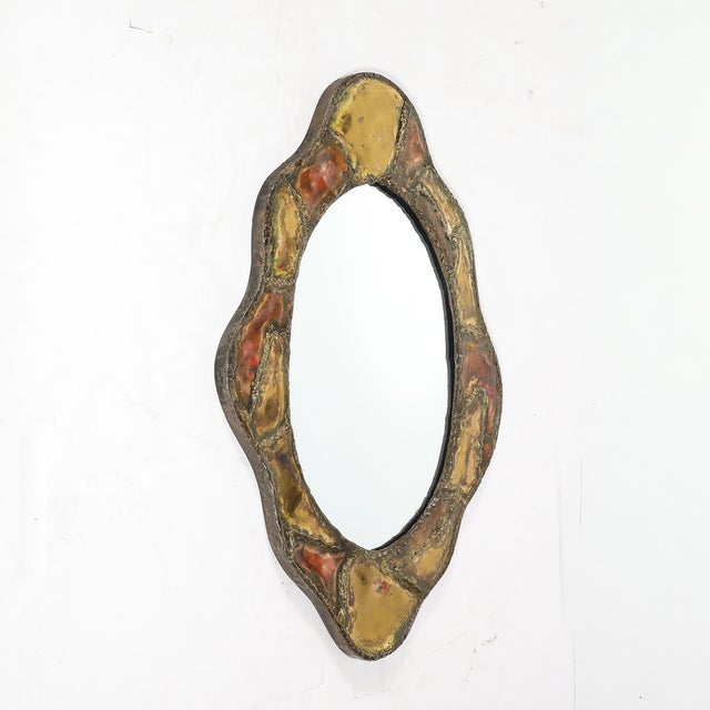 Mid-Century Brutalist Textural Welded Brass & Copper Bordered Signed Mirror For Sale - Image 10 of 16