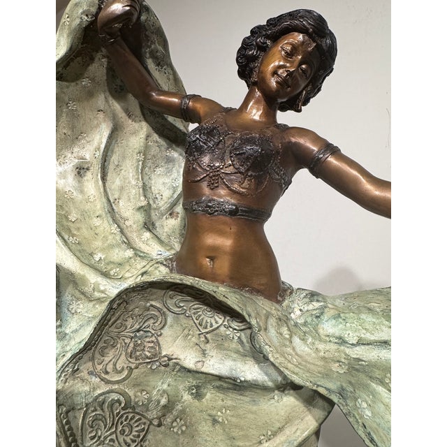 Late 20th Century Large Art Deco Style Patinated Metal Dancer Sculpture With Neoclassical Wood Pedestal For Sale - Image 9 of 15