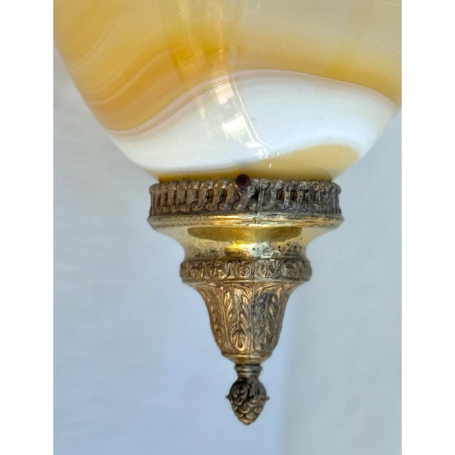 Murano Vintage Murano Style Very Large Oval Shaped Blown Glass Pendant With “Onyx” Glass Swirl Golden Coloration and Brass Fittings For Sale - Image 4 of 12