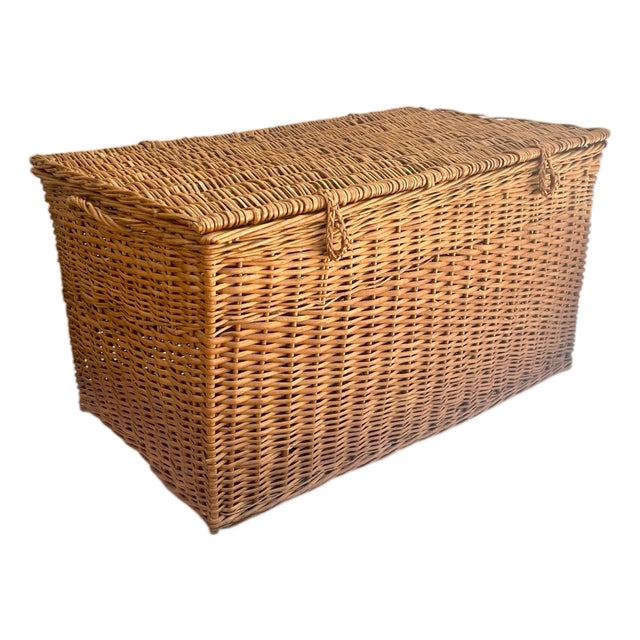 Antique English Wicker Storage Trunk Chest With Hinged Lid | Early 20th Century For Sale