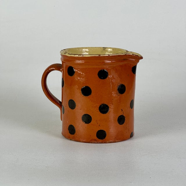 Antique 19th Century French Hand Painted Polkadot Pitcher in Fiery Pumpkin Orange, Large 6" H For Sale - Image 4 of 8