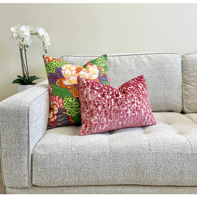 Geranium Pink Speckle Velvet Throw Pillow With Feather Down Insert For Sale In New York - Image 6 of 6