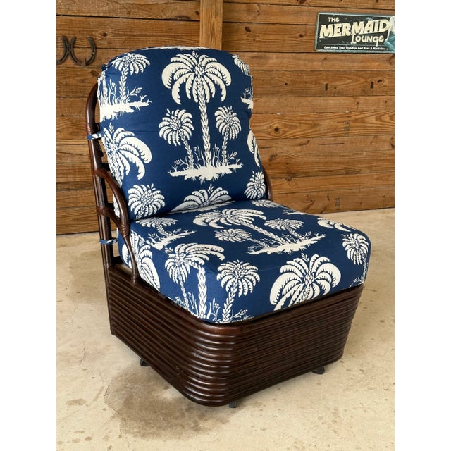 Vintage Braxton Culler Stacked Rattan Swivel Lounge Slipper Chair in Thibaut Fabric For Sale - Image 12 of 13