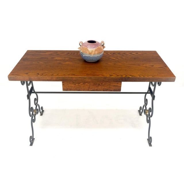 Arts & Crafts Solid Warmed Chestnut Wrought Iron Base One Drawer Writing Table Desk MINT For Sale - Image 3 of 12