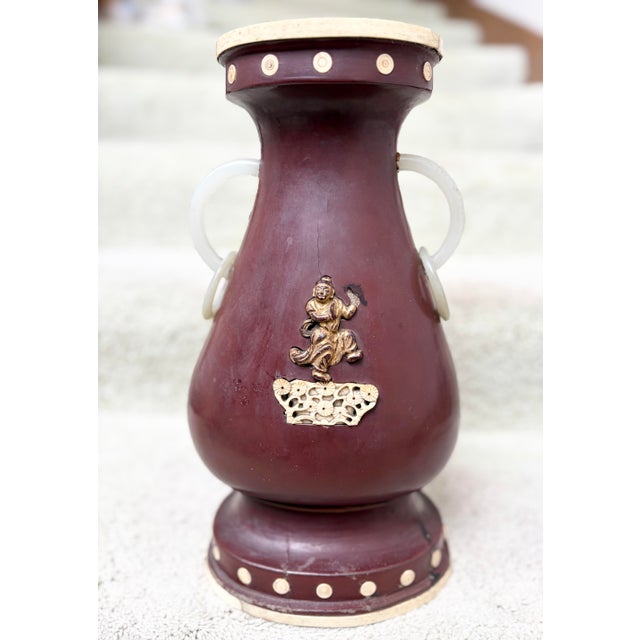 Antique Chinese Wine Red Lacquer Wood Vase With Bone and Jade Accents. For Sale - Image 4 of 12