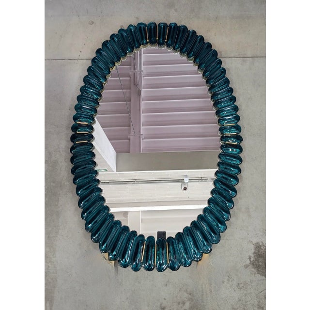 Blue Mid-Century Style Italian Oval Mirror in Murano Glass and Brass, 2000 For Sale - Image 8 of 11