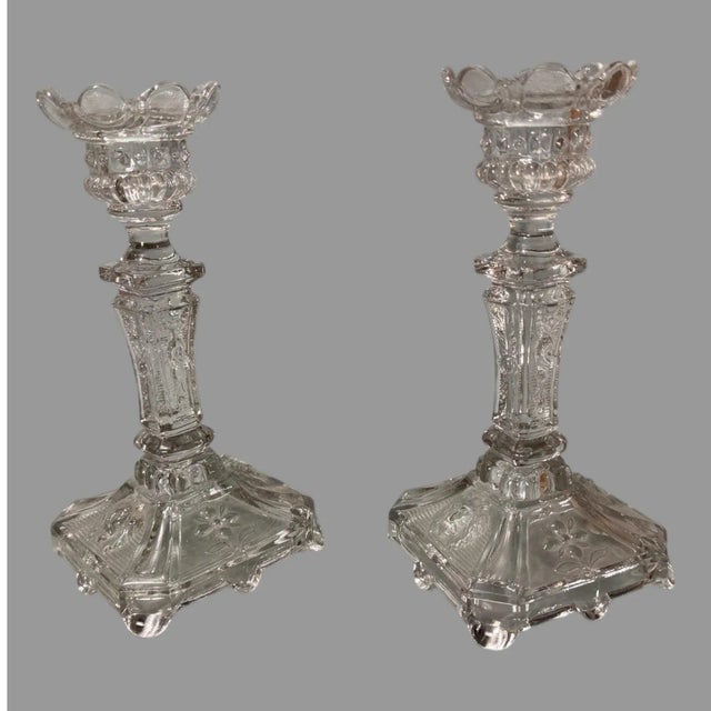 American Pair of Vintage Pressed Glass Floral & Lion Decorated Glass Candlesticks For Sale - Image 3 of 8