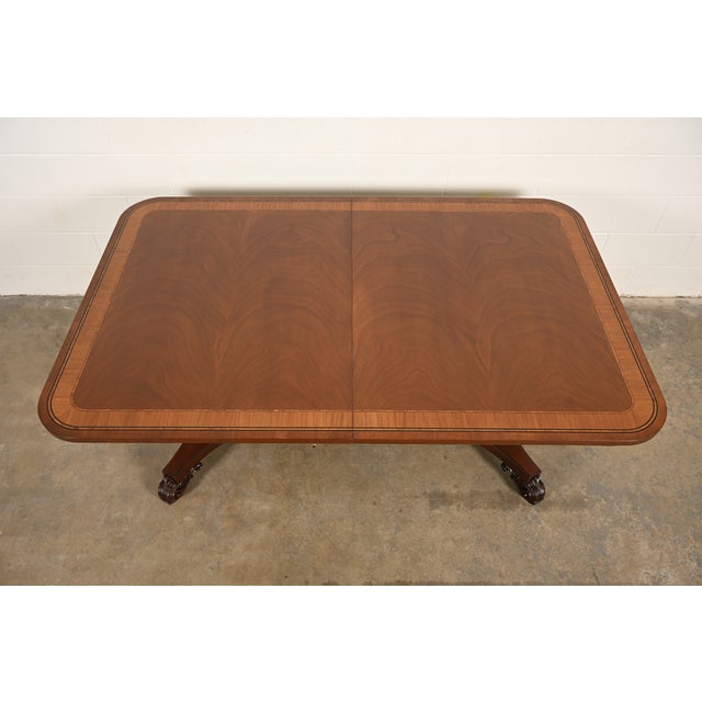 Baker Furniture Regency Banded Mahogany Double Pedestal Extension Dining Table, Newly Refinished For Sale - Image 9 of 15
