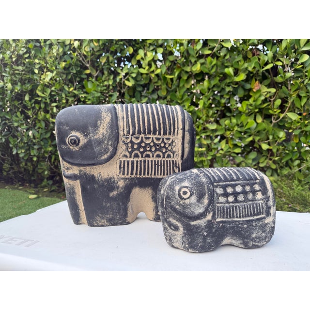 Late 20th Century Vintage Brutalist Blackwashed Terracotta Elephant Sculptures – Graduated Pair For Sale - Image 5 of 12