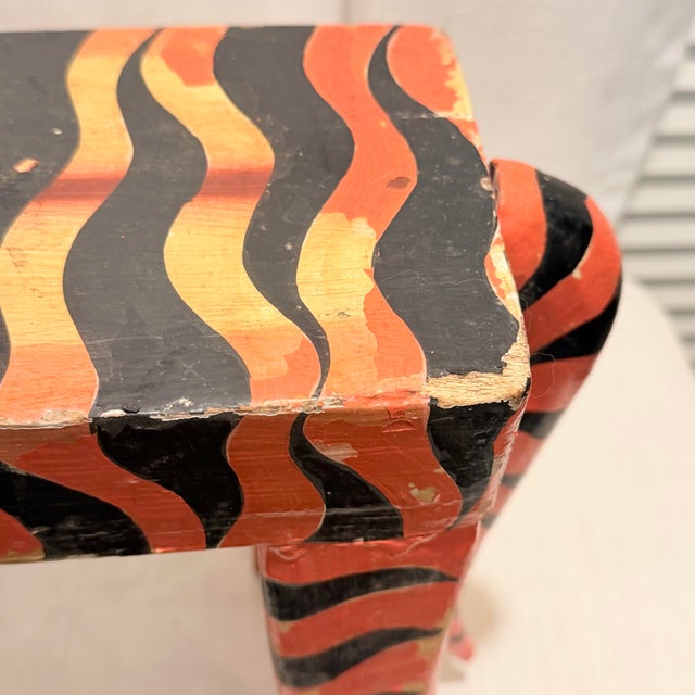 Orange Mid-Century Artist Signed Carved Folk Art Tiger Footstool For Sale - Image 8 of 12