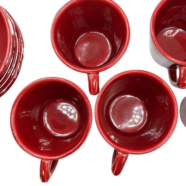 Bauer 1950s Mid-Century Modern Burgundy "La Linda" Ceramic Coffee Mug W/ Saucer by Bauer, Set of 5 For Sale - Image 4 of 7