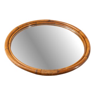 Large Round Bamboo Wall Mirror, 1960s For Sale