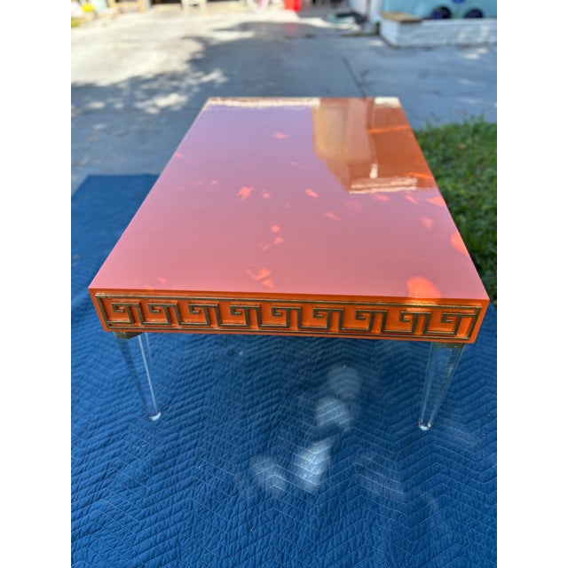 Mid-Century Modern Style High-Gloss Orange Lacquered Wood and Lucite Greek Key Coffee Table by Julio Jimenez For Sale - Image 9 of 17