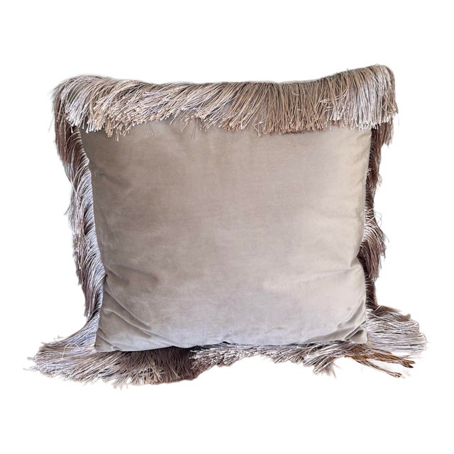 Taupe Velveteen Pillow With Long Silky Fringe For Sale