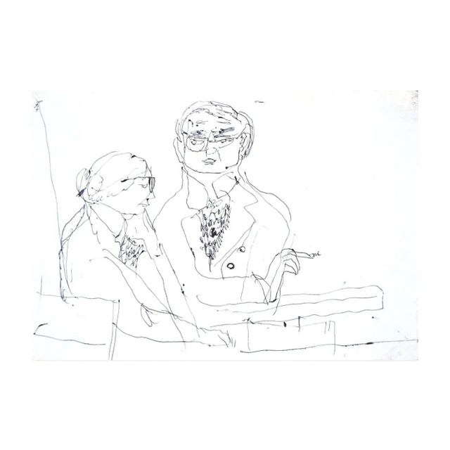 A Couple - Original Pen Drawing by Jeanne Daour - Mid 1900 Mid 20th Century For Sale