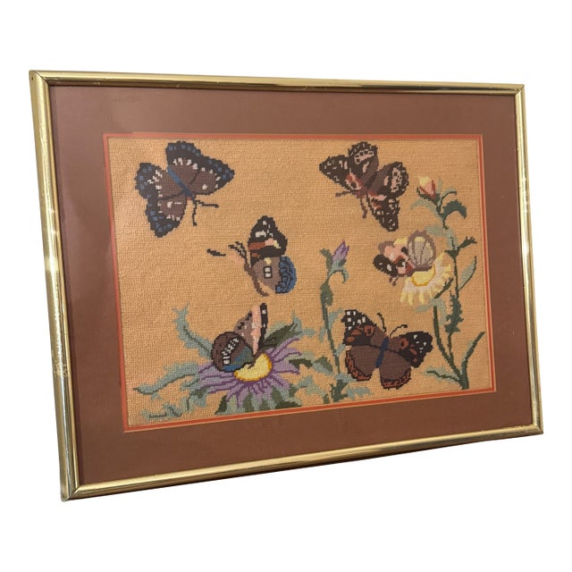 Vintage Boho Chic Butterfly Framed Needlepoint For Sale