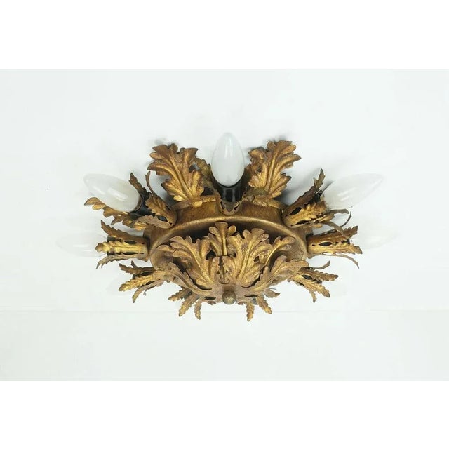 Vintage Italian Hollywood Regency Style Florentine Ceiling Lamp with Metal Leaves from Banci For Sale - Image 5 of 11