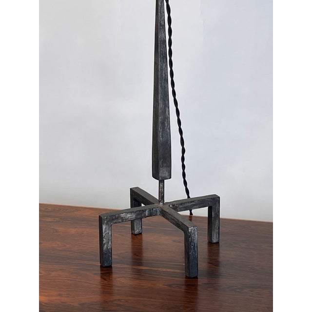 Mid 20th Century Tall Patinated Wrought Iron Table Lamp With Custom Parchment Shade For Sale In Los Angeles - Image 6 of 9
