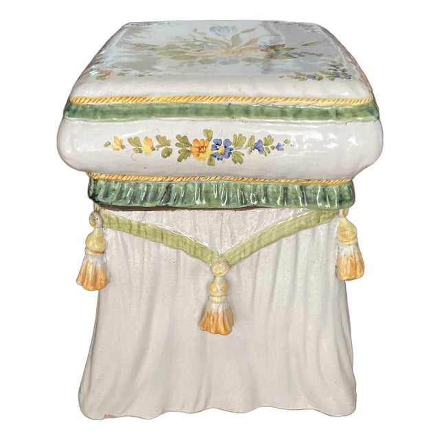 1970s Handpainted Italian Terracotta Side Table Garden Stool Featuring Tassels and Flowers For Sale