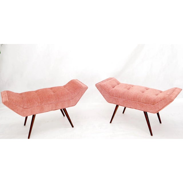 Pair of newly upholstered Italian style Mid-Century Modern dowel leg benches.