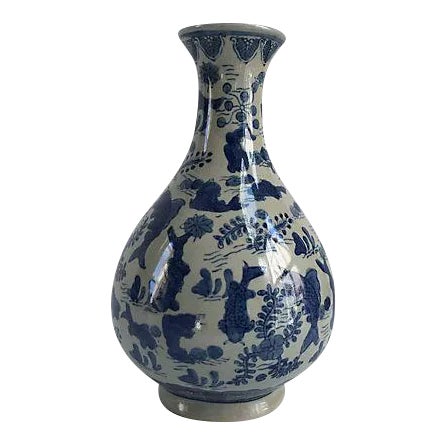 Vintage Chinese Hand Painted Celadon Koi Vase For Sale