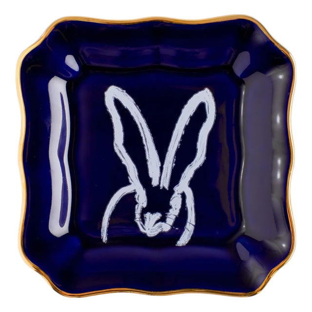 Hunt Slonem Bunny Portrait Plate With Hand-Painted Gold Rim, Cobalt For Sale