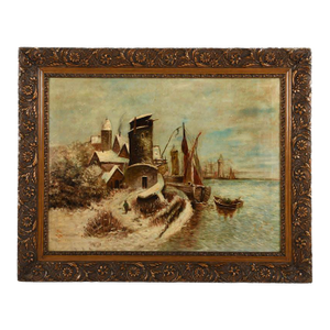 Antique Framed Signed Oil on Canvas Snowy Port