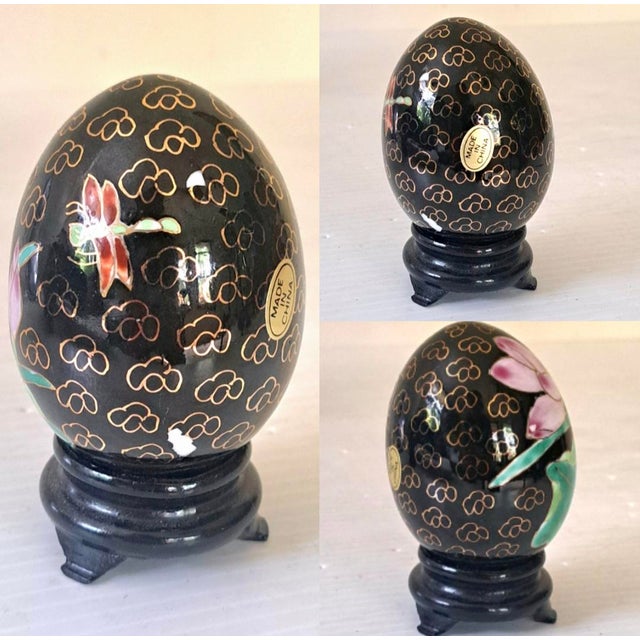 Vintage Chinese Cloisonné Enamel Floral Eggs W/Black Stands Set of 4 For Sale - Image 13 of 14