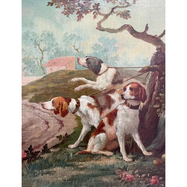 Oil On Canvas Painting Of Leashed Hounds Tied To A Tree, France, 18th Century Follower Of Alexandre-François Desportes...