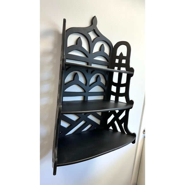 1990s Distressed Black Fretwork 3 Tier Shelf For Sale - Image 4 of 5
