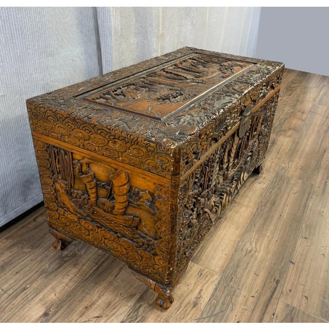 Chinese Vintage Chinese Camphor Chest Trunk or Coffee Table Hand Carved W Boats Ships For Sale - Image 3 of 9
