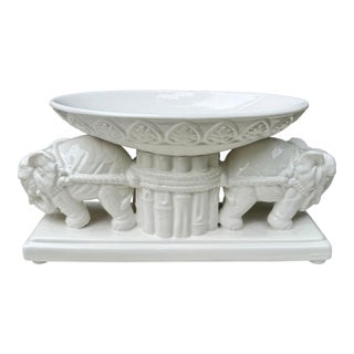 Vintage Large Glazed Ceramic Double Elephant & Faux Bamboo Decorative Centerpiece Bowl Dish | Rare! For Sale
