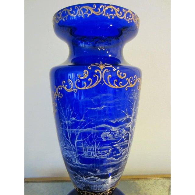Royal Blue 20th Century Snow Painted Cobalt Blue Glass Vase Gold Scrolled Relief Outdoor Scene For Sale - Image 8 of 9