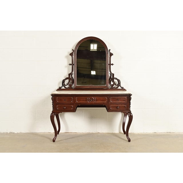 Alexander Roux Antique French Rococo Carved Mahogany and Marble Top Vanity Dressing Table With Mirror, Newly Refinished For Sale - Image 14 of 14