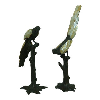 Pair Maitland Smith Bronze Parrot Bird Sculpture For Sale