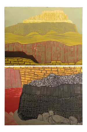 1980s "Temple Stratification" Abstract Landscape Diptych Collagraph by John Ross - a Pair