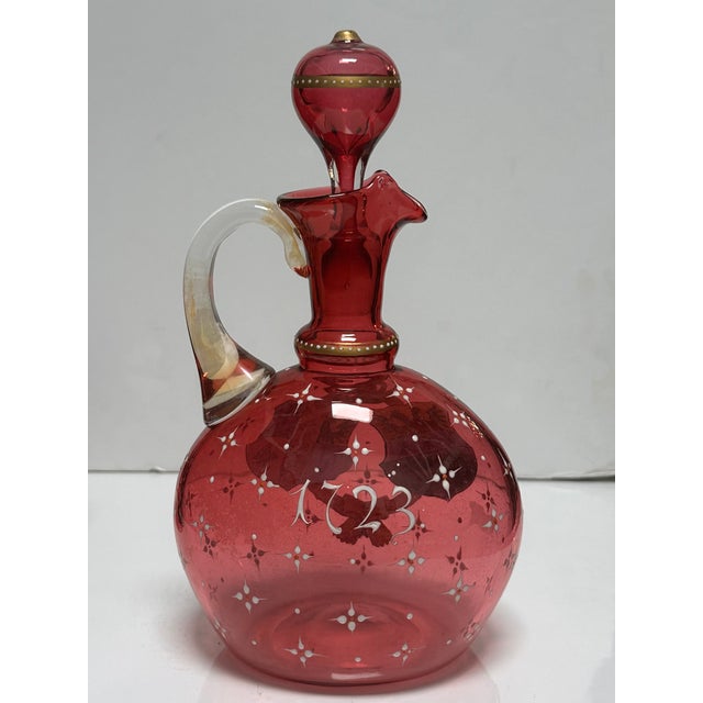Early 19th Century Antique Moser Enamel Cranberry Glass Decanter W Royal Armorial Crest For Sale - Image 5 of 5