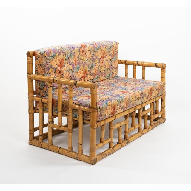 Midcentury amazing geometric sofa in bamboo, rattan and fabric by Vivai Del Sud. Made in Italy in the 1970s. This piece is...