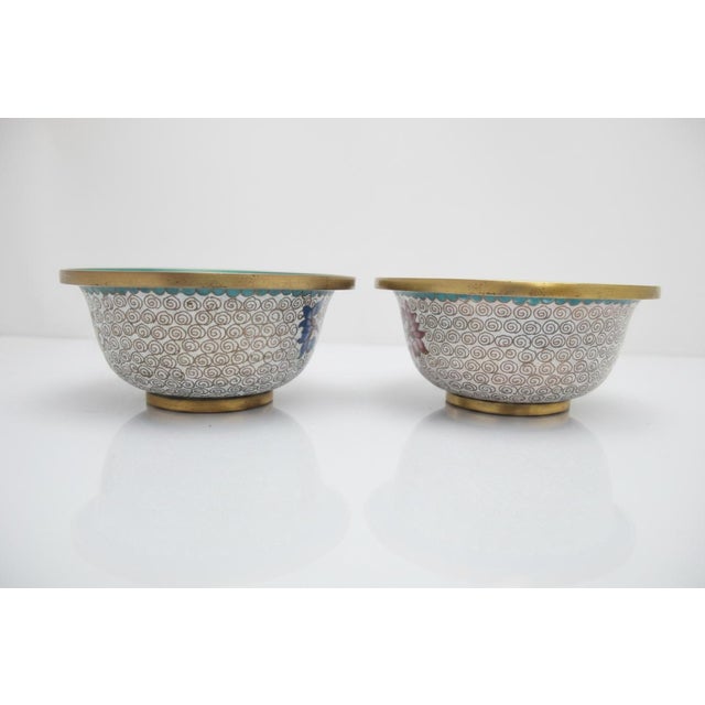 Chinese Chinese Small Cloisonne Flower Branch Green Interior Bowl Pair For Sale - Image 3 of 9