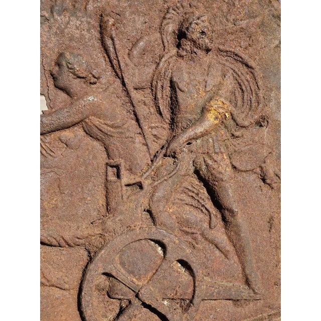 Brown Large Antique Cast Iron Fireplace Fireback Architectural Relief Panel For Sale - Image 8 of 10