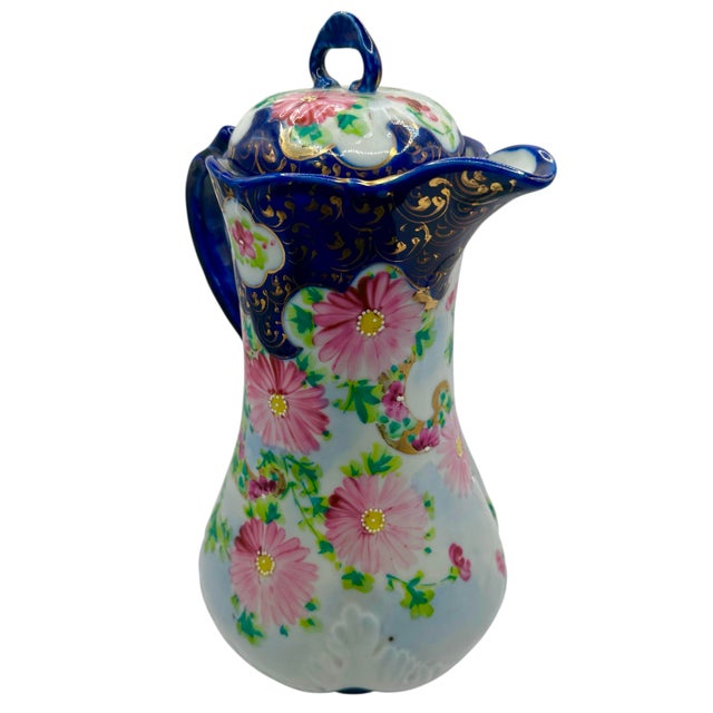 Vintage Nippon Style Cobalt Blue and Pink Chocolate Pot For Sale - Image 12 of 12