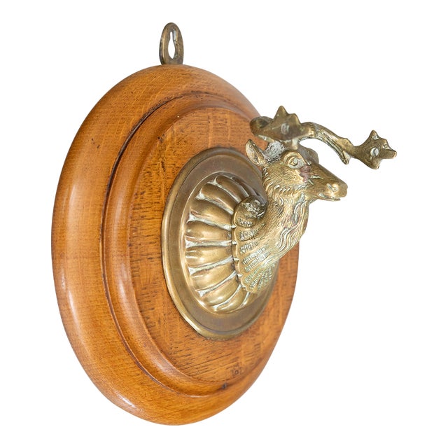 Antique English Brass Stag Elk Wall Mount on Oak Plaque For Sale