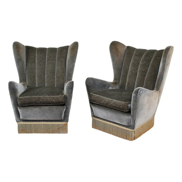 Mid-Century Green-Gray Velvet Armchairs attributed to G. Veronesi for ISA, Italy, 1950s, Set of 2 For Sale