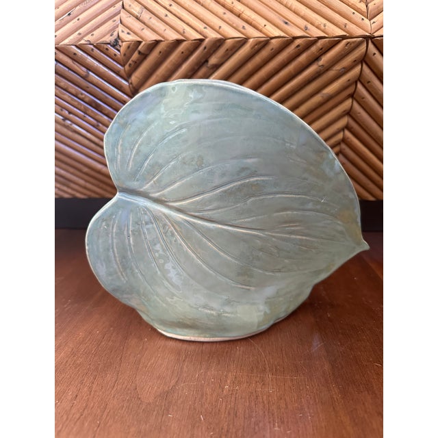Beautiful Signed Glazed Ceramic Leaf Shaped Vase. Organic design of two tipped leaves joined at the edges. Undulating,...