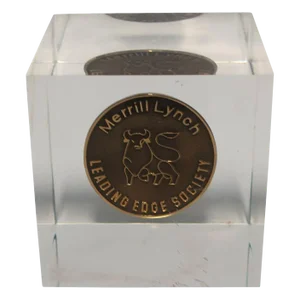 Lucite and Gold Award Cube From Merrill Lynch