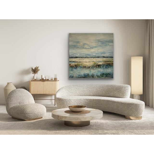 This original 48" x 48" acrylic painting features a serene, heavily textured impressionist wetland scene. A palette of...