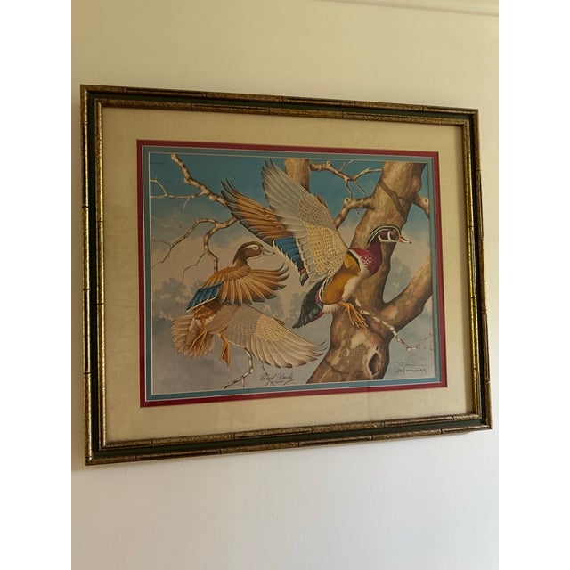 1980s Signed Jim Oliver Print of 2 Wood Ducks in Gorgeous Gold Bamboo Frame For Sale - Image 10 of 11